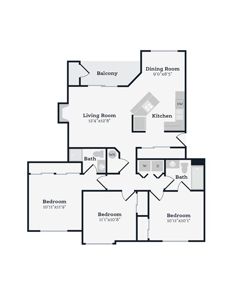 Floor plan for 3 beds, 2 baths, 1125 sqft